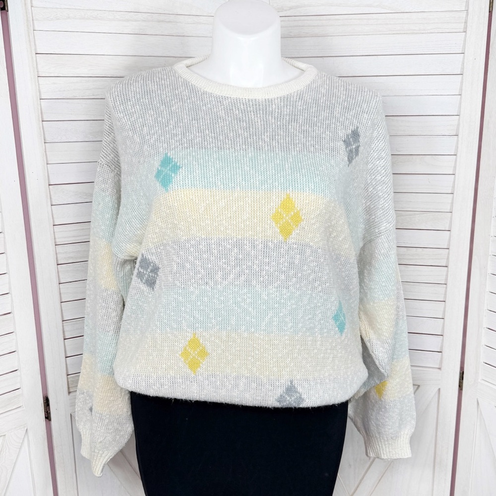 Vintage 80s Northern Isles Chunky Colorblock Argyles Sweater White‎ Multi XL